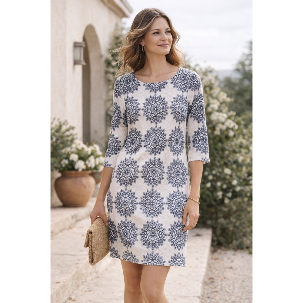 Jessica Howard White Navy Medallion Chevron‎ Shift Dress 8P 3/4 Sleeve Zip Back